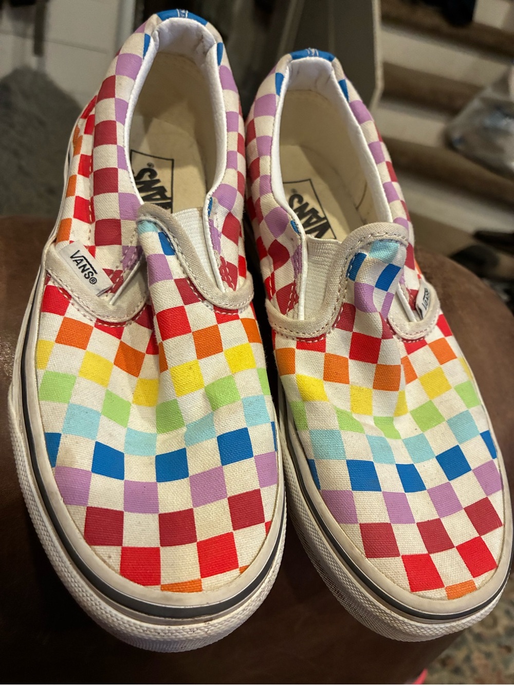 Vans Kids Slip-On Rainbow Checkerboard Canvas Sneakers